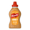 A clear, plastic squeeze bottle of Frenchs Brown Honey Mustard 12 Oz has a red cap and a yellow label.