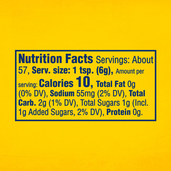 The nutrition facts label for Frenchs Brown Honey Mustard 12 Oz lists 10 calories per serving.