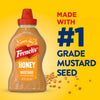 A bottle of Frenchs Brown Honey Mustard 12 Oz is shown on a yellow background with text that reads, Made with #1 grade mustard seed.