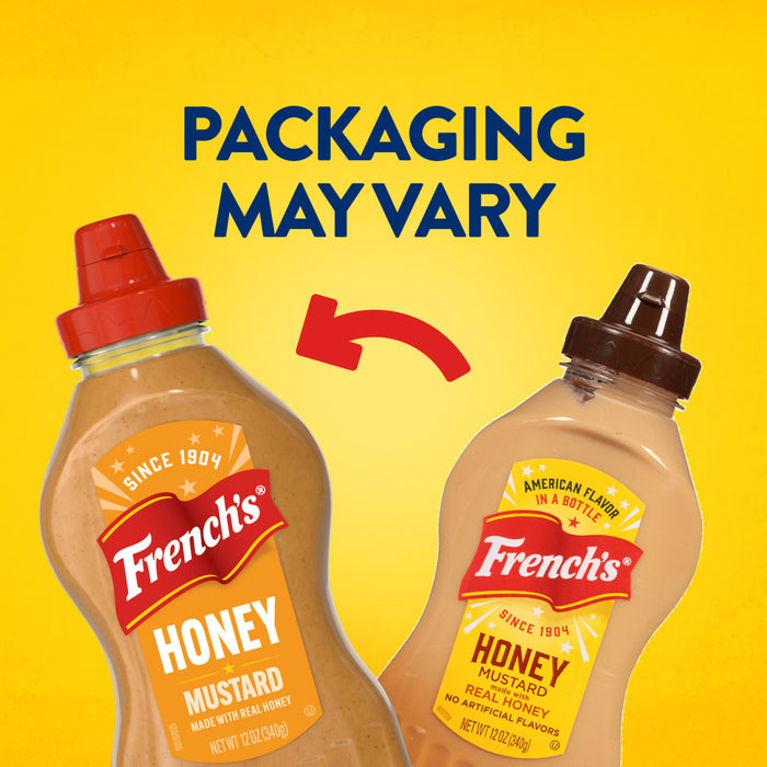 An informational image displays two versions of Frenchs Brown Honey Mustard 12 Oz to show that the packaging may vary, with an arrow indicating the change from the old design to the new.