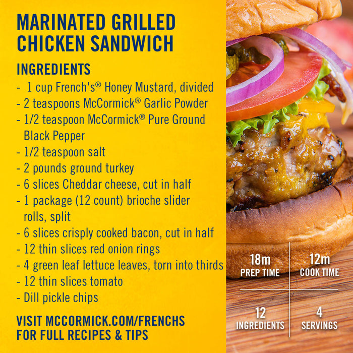 An infographic recipe card for a marinated grilled sandwich shows the finished product and lists ingredients like Frenchs Brown Honey Mustard 12 Oz and McCormick spices.