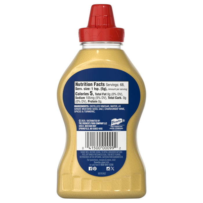 A back view of a Frenchs Beige Dijon Chardonnay Mustard 12 Oz bottle, featuring its nutrition facts, ingredients, and a prominent 'Gluten Free' label.