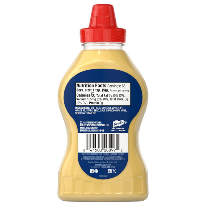 A back view of a Frenchs Beige Dijon Chardonnay Mustard 12 Oz bottle, featuring its nutrition facts, ingredients, and a prominent 'Gluten Free' label.