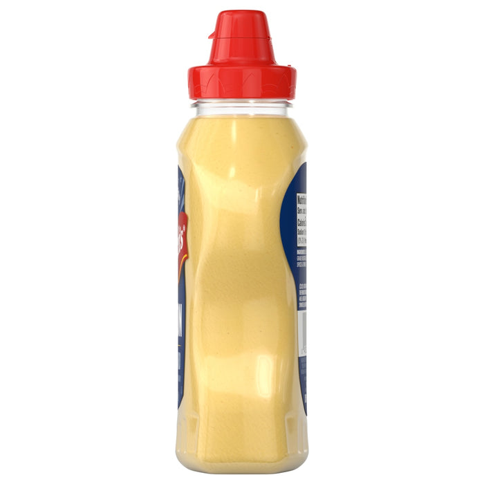 A bottle of Frenchs Beige Dijon Chardonnay Mustard 12 Oz stands upright, showcasing its yellow contents and black squeeze cap against a white background.