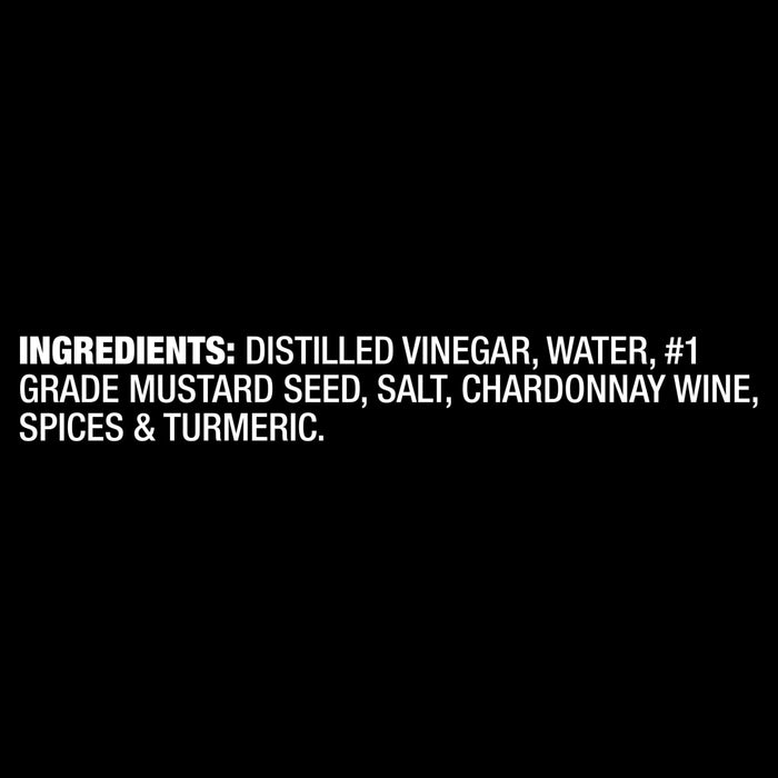 Ingredients for the mustard include distilled vinegar, water, #1 grade mustard seed, salt, chardonnay wine, spices and turmeric.