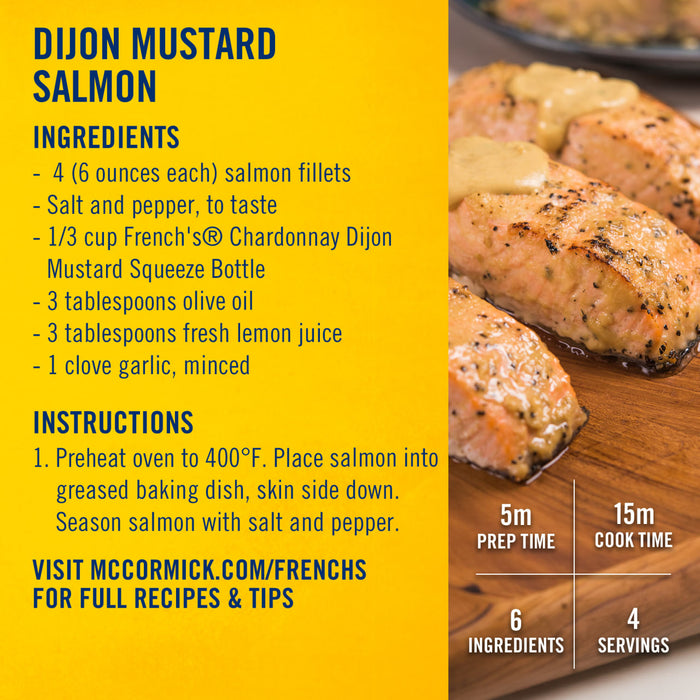 A recipe infographic for Dijon Mustard Salmon displays the finished dish next to a list of ingredients, including Frenchs Beige Dijon Chardonnay Mustard 12 Oz, and cooking instructions.