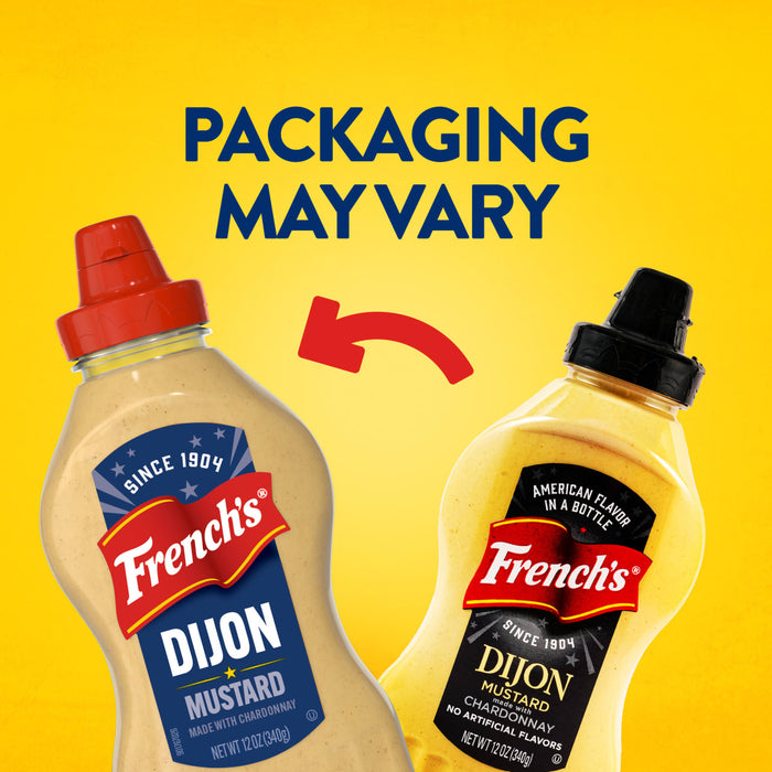 An informational image shows two different packaging designs for Frenchs Beige Dijon Chardonnay Mustard 12 Oz, with the text Packaging May Vary to alert customers to the updated look.