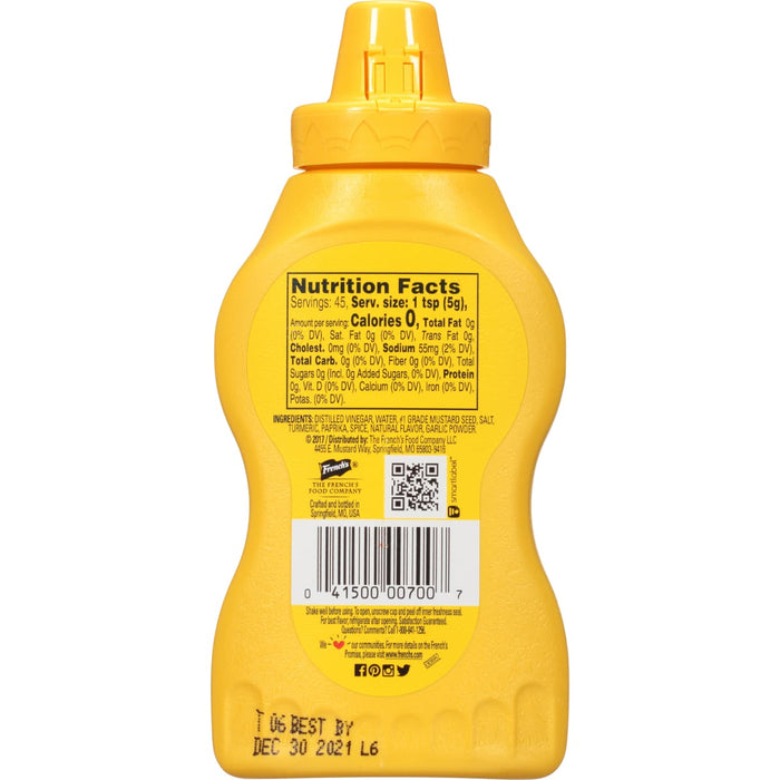 ["A bottle of French's Yellow Mustard with nutrition facts and ingredients listed."]