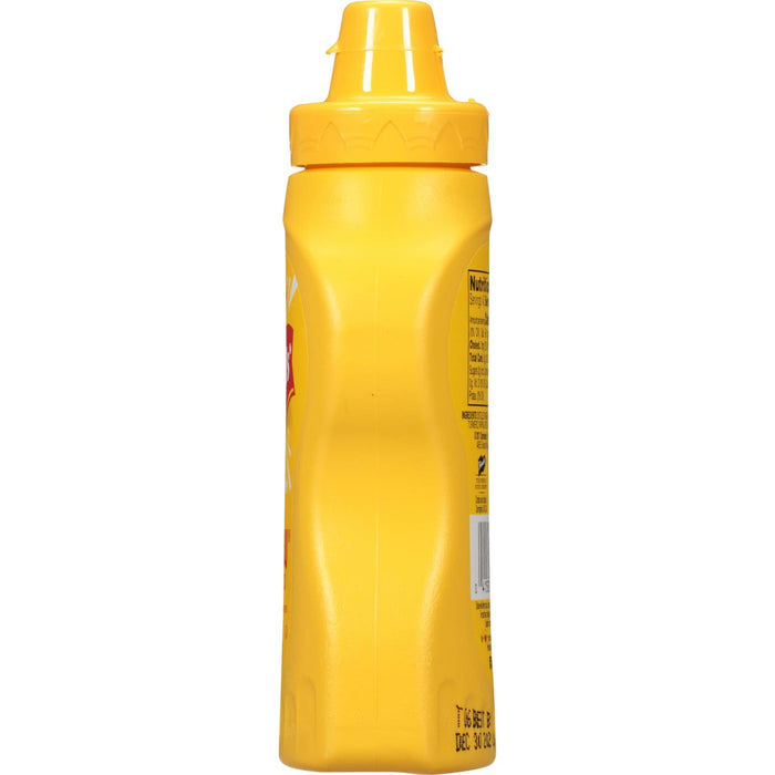 ["A yellow plastic bottle of French's yellow mustard."]