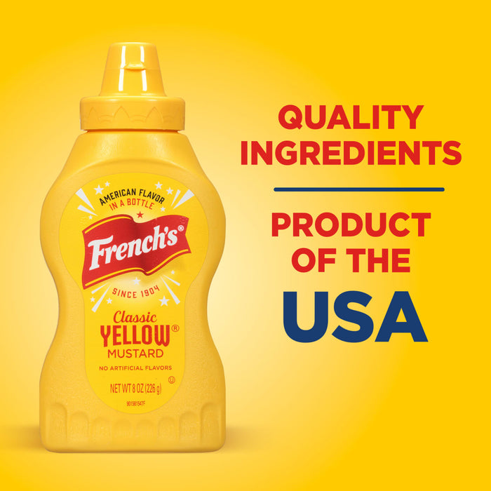 ["A bottle of French's Classic Yellow Mustard, a product of the USA."]