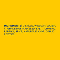 ['Ingredients for a mustard product are listed in blue text on a yellow background.']