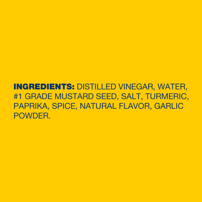 ['Ingredients for a mustard product are listed in blue text on a yellow background.']