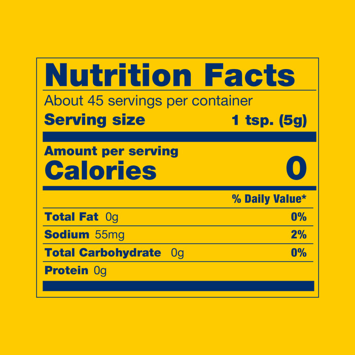 ['Nutrition facts label for a product with 0 calories per serving.']