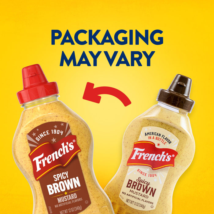 This informational image, used for products like Frenchs Classic Yellow Yellow Classic Mustard 8 Oz, shows two different bottles of French's Spicy Brown Mustard to communicate that packaging designs may vary.