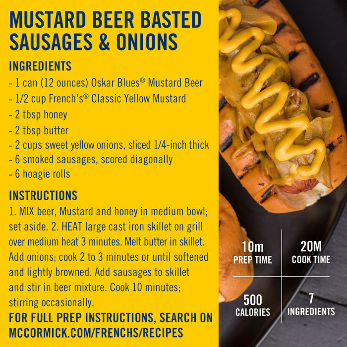 ["A recipe for Mustard Beer Basted Sausages &amp; Onions from McCormick and French's."]