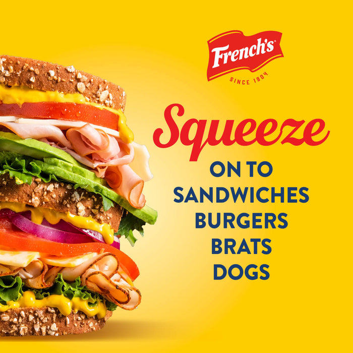 ["A sandwich with mustard on it, with the French's logo and the text 'Squeeze onto sandwiches, burgers, brats, dogs.'"]