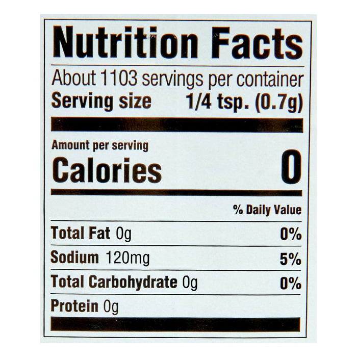 ['Nutrition facts label for a product with 0 calories per serving.']