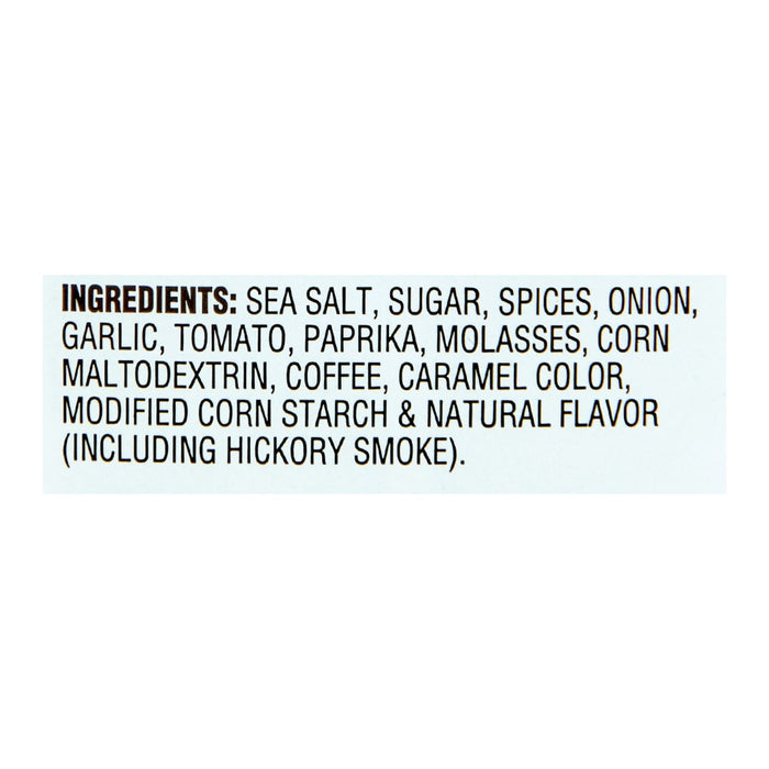 ['A list of ingredients for a product, including sea salt, sugar, spices, onion, garlic, tomato, paprika, molasses, corn maltodextrin, coffee, caramel color, modified corn starch, and natural flavor (including hickory smoke).']