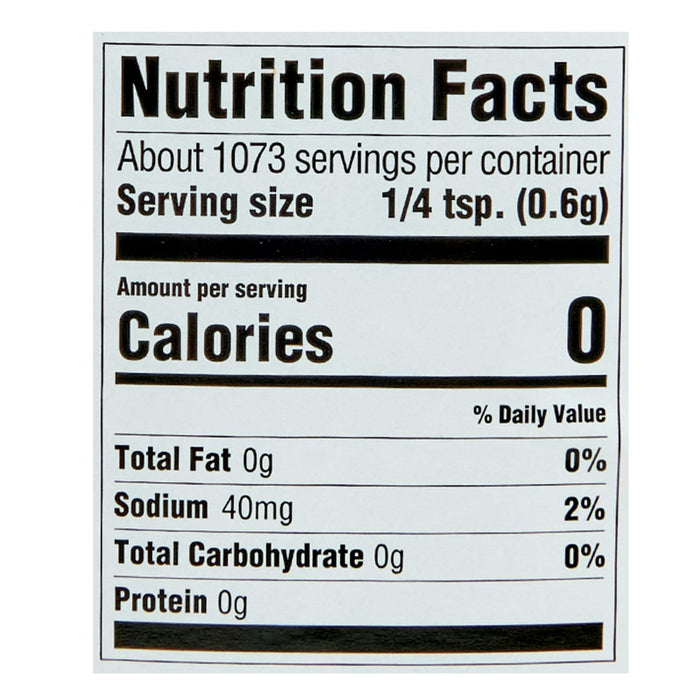 ['Nutrition facts label for a product with 0 calories per serving.']