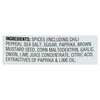 ['A list of ingredients for a spice blend, including chili pepper, sea salt, sugar, paprika, brown mustard seed, corn maltodextrin, garlic, onion, lime juice concentrate, citric acid, and extractives of paprika and lime oil.']