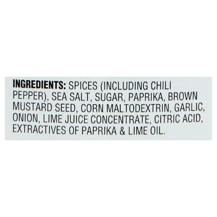 ['A list of ingredients for a spice blend, including chili pepper, sea salt, sugar, paprika, brown mustard seed, corn maltodextrin, garlic, onion, lime juice concentrate, citric acid, and extractives of paprika and lime oil.']