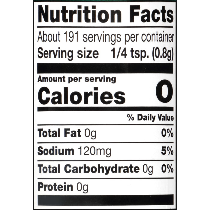 ['Nutrition facts label for a product with 0 calories per serving.']