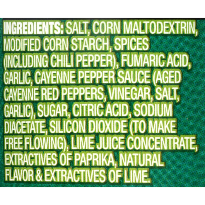['A list of ingredients for a seasoning blend, including salt, corn maltodextrin, spices, and lime juice concentrate.']