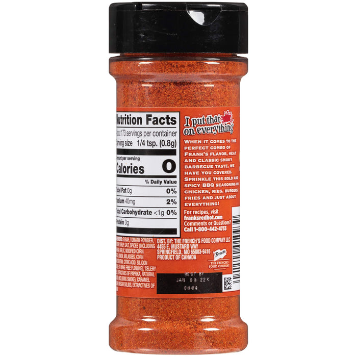 ["A bottle of Frank's RedHot Spicy BBQ Seasoning."]