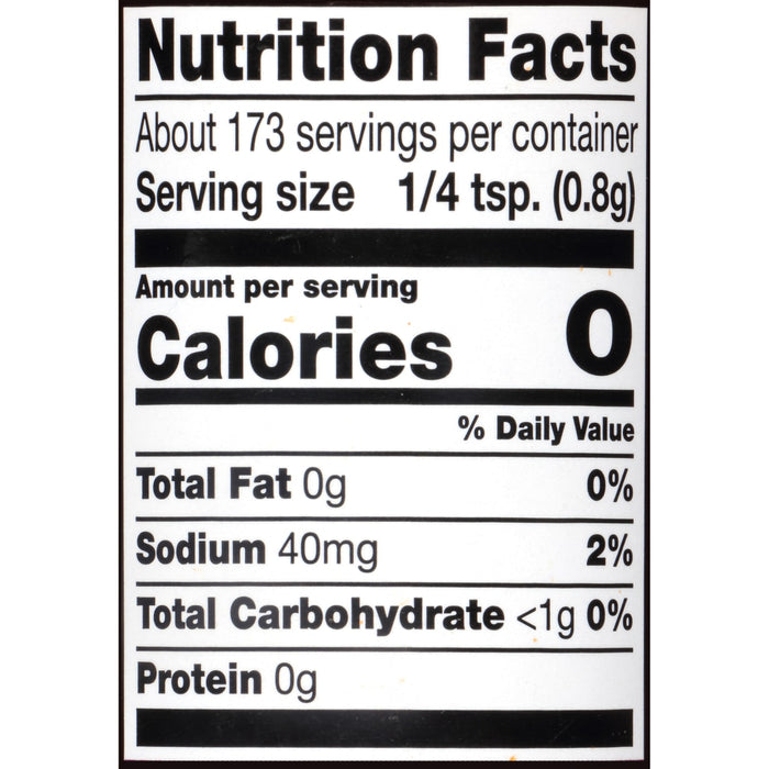 ['Nutrition facts label for a product with 0 calories per serving.']