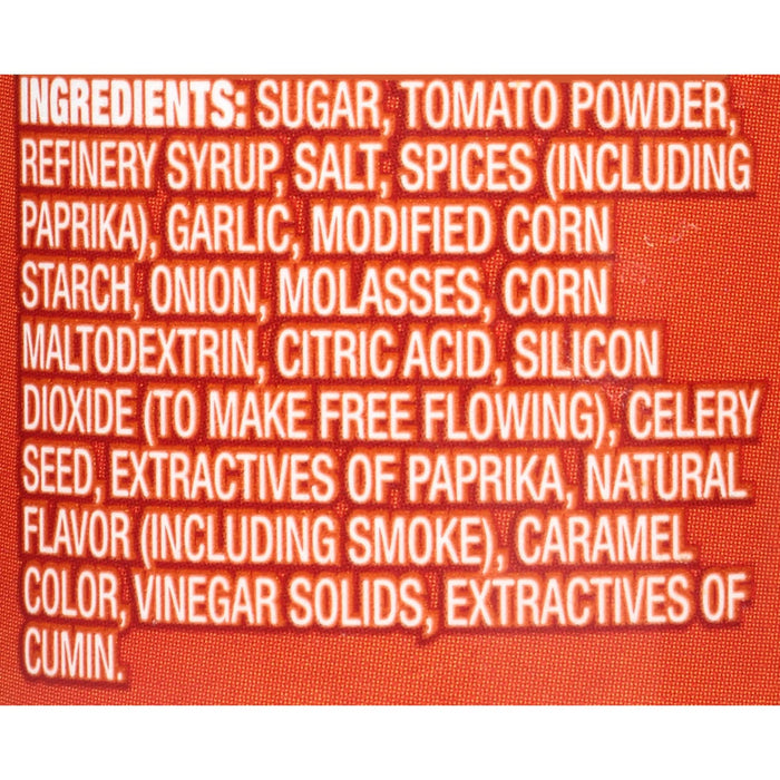 ['A list of ingredients for a product, including sugar, tomato powder, and spices.']
