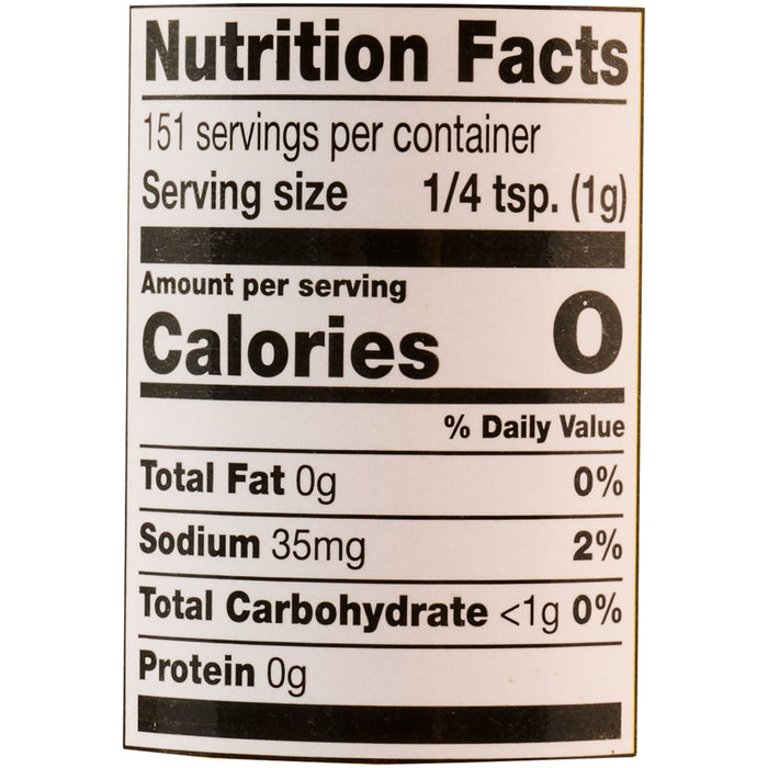 ['Nutrition facts label for a product with 0 calories per serving.']