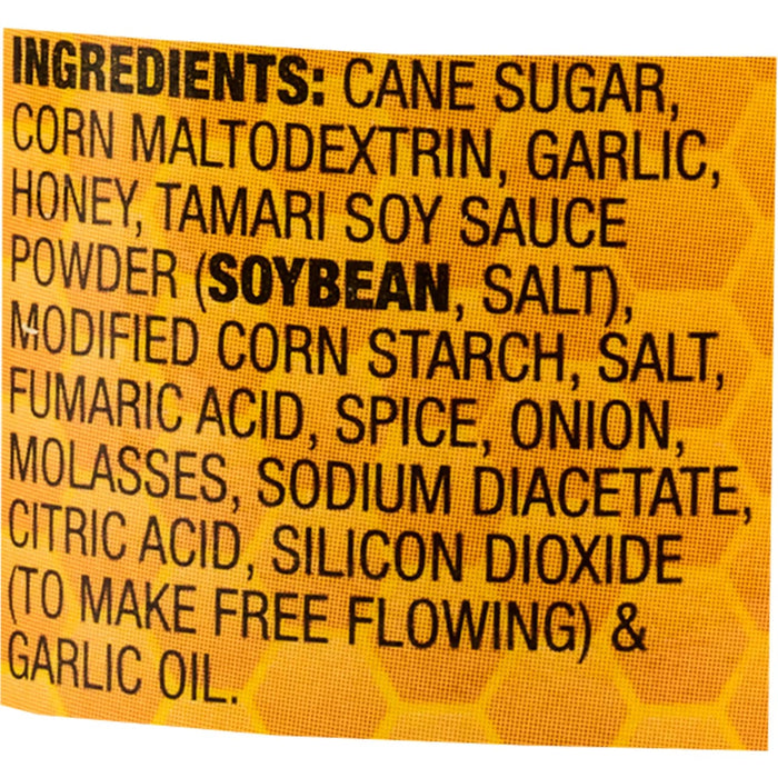 ['A list of ingredients for a product, including cane sugar, corn maltodextrin, garlic, honey, tamari soy sauce powder, and more.']