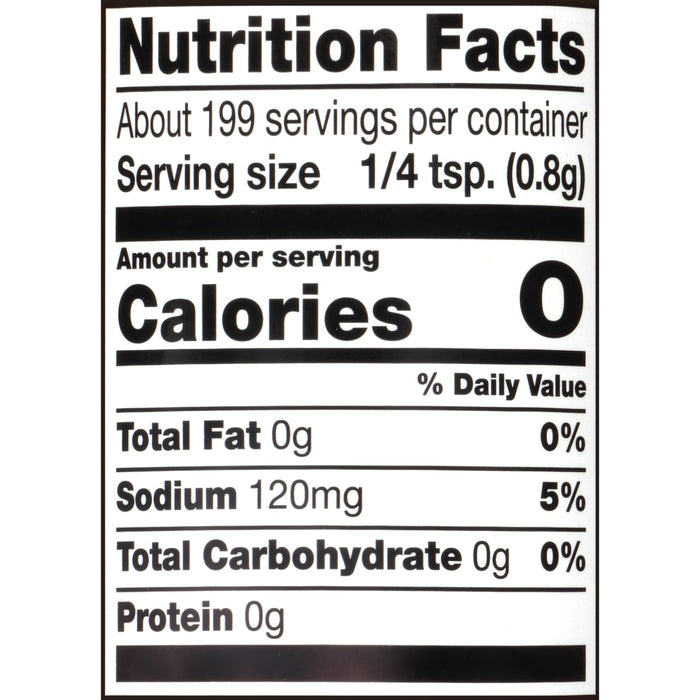 ['Nutrition facts label for a product with 0 calories per serving.']