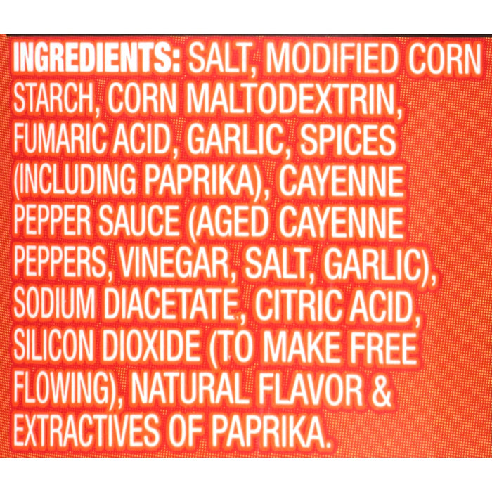 ['A list of ingredients for a product, including salt, corn starch, corn maltodextrin, and spices.']