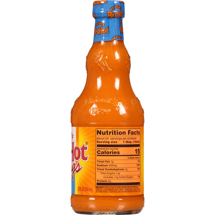 ["A bottle of Frank's RedHot Original Hot Sauce with nutrition facts label."]