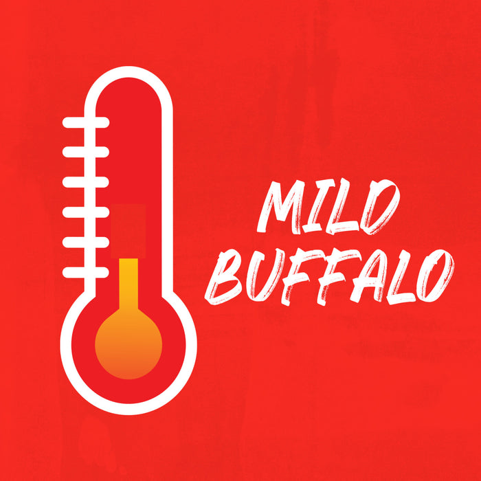 An illustration of a thermometer on a red background indicating the spice level for Franks Red Hot Regular Wing Hot Sauce Mild 12 Oz.