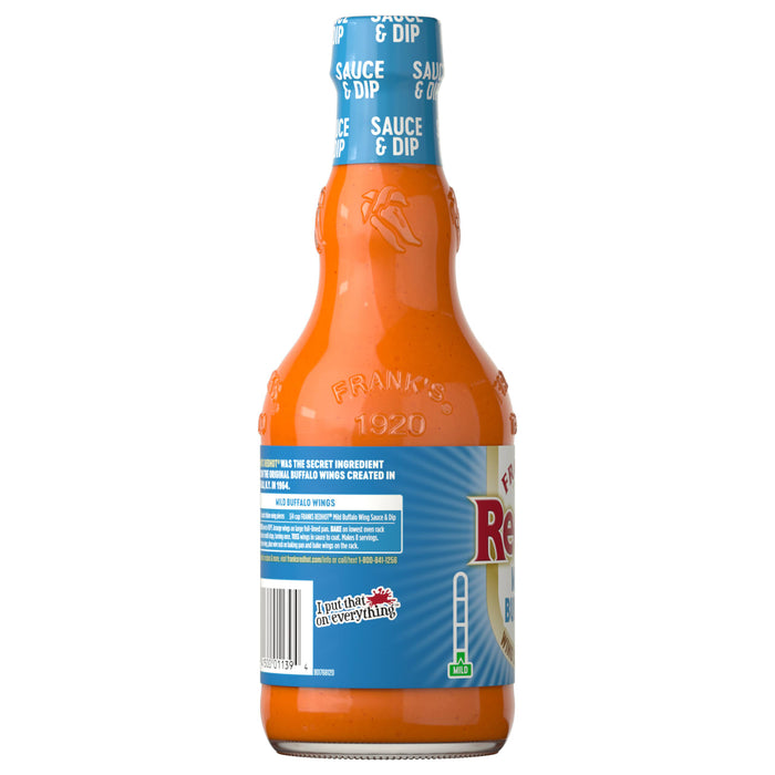 The back of a bottle of Franks Red Hot Regular Wing Hot Sauce Mild 12 Oz, showing the recipe for mild buffalo wings and the 'I put that on everything' slogan.