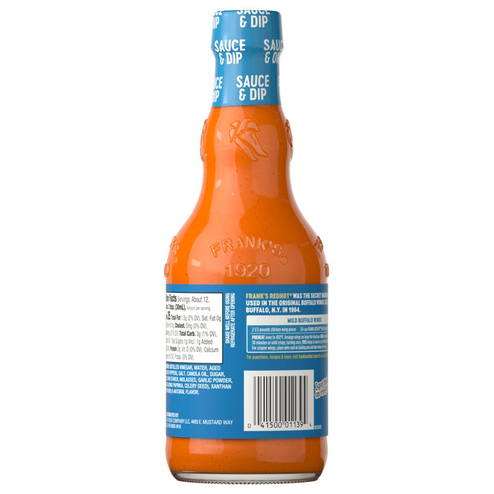 The back of a bottle of Franks Red Hot Regular Wing Hot Sauce Mild 12 Oz shows the nutrition facts and a recipe for mild buffalo wings.