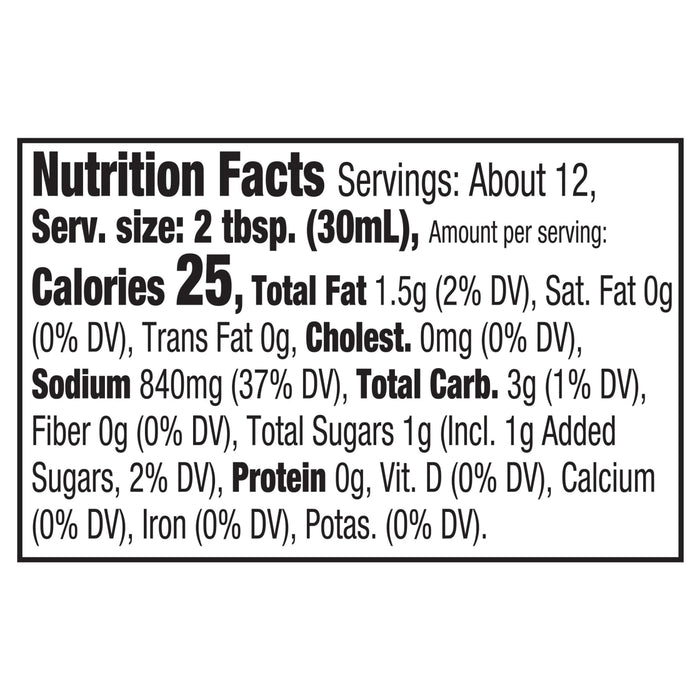 The nutrition facts label for Franks Red Hot Regular Wing Hot Sauce Mild 12 Oz, showing 25 calories and 840mg of sodium per 2 tablespoon serving.