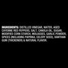 The ingredients list for Franks Red Hot Regular Wing Hot Sauce Mild 12 Oz is displayed in white text on a black background, detailing components like distilled vinegar and aged cayenne red peppers.