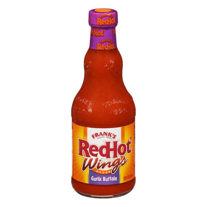 ["A bottle of Frank's RedHot Garlic Buffalo Wing Sauce."]