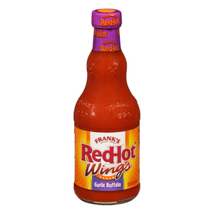 ["A bottle of Frank's RedHot Wings Garlic Buffalo sauce."]