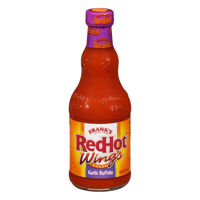 ["A bottle of Frank's RedHot Wings Garlic Buffalo sauce."]