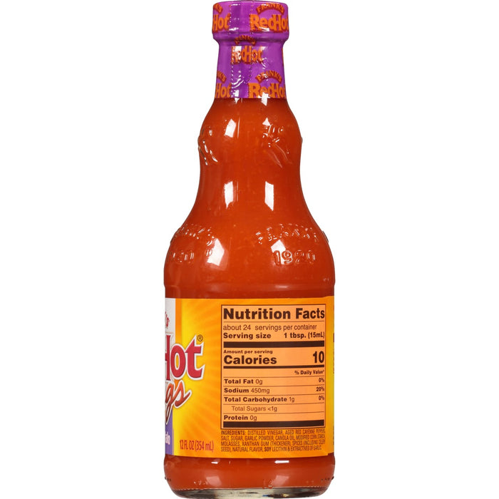 ["A bottle of Frank's RedHot Original Hot Sauce with nutrition facts listed on the label."]
