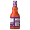 A view of the back label on a bottle of Franks Red Hot Garlic Buffalo Wing Hot Sauce Regular 12 Oz, displaying the ingredients, nutritional information, and a recipe.