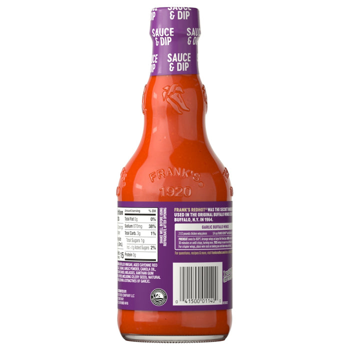 A view of the back label on a bottle of Franks Red Hot Garlic Buffalo Wing Hot Sauce Regular 12 Oz, displaying the ingredients, nutritional information, and a recipe.