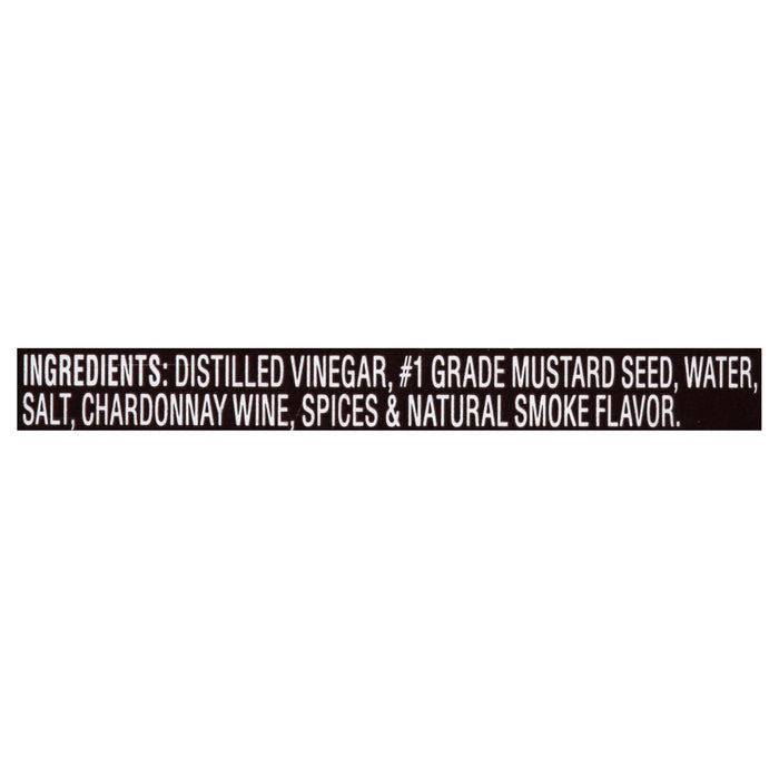 Ingredients for the mustard include distilled vinegar, #1 grade mustard seed, water, salt, chardonnay wine, spices, and natural smoke flavor.