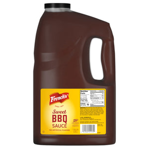A gallon jug of Frenchs Sweet BBQ Sauce.