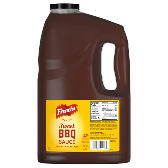 A gallon jug of Frenchs Sweet BBQ Sauce.