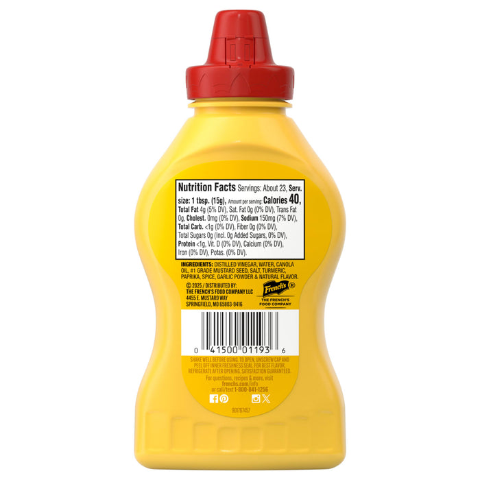 The image shows the back of a yellow French'S Creamy Yellow Mustard 12 Oz bottle with a red cap, displaying its nutrition facts, ingredients, and barcode.